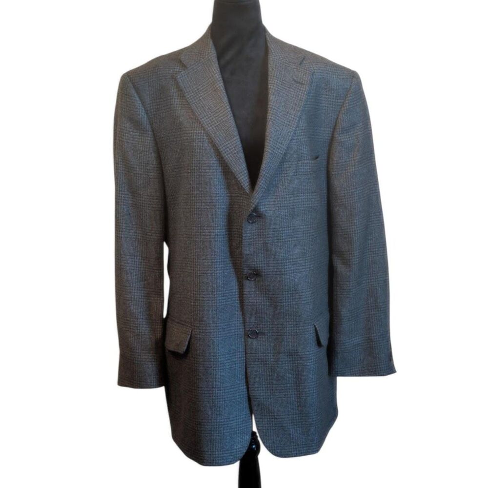 Corbin Mens 44L Gray Plaid Glen Check 100% Wool Blazer Suit Jacket 3 Button Long